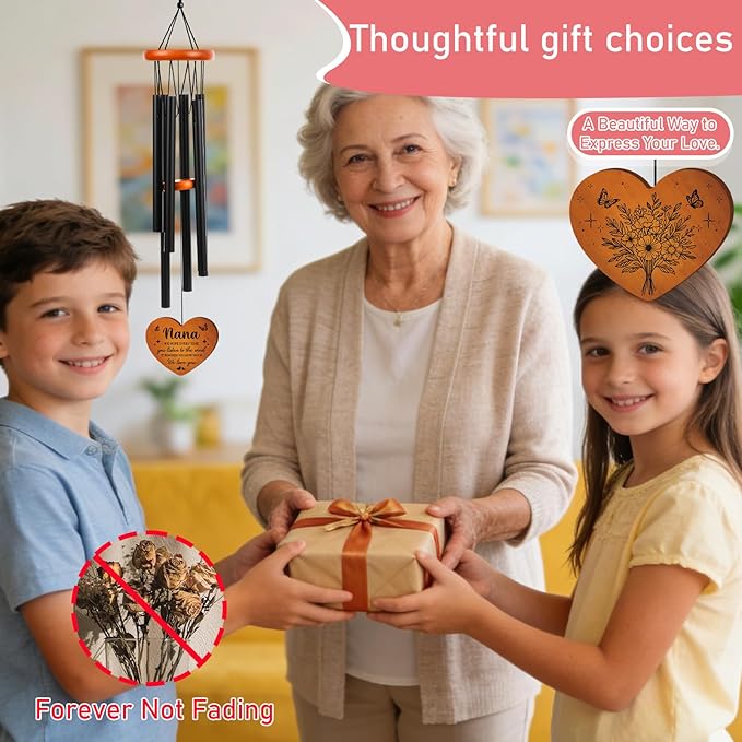 Grandma Gifts Wind Chimes for Outside - Metal Windchime with Wooden Pendant, Greeting Card & Black Box - Unique Birthday for Grandmother from Grandkids, Garden Hanging Decor