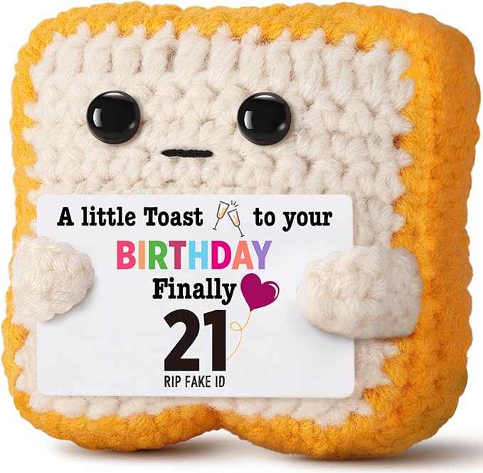 Finally 21 - Funny 21st Birthday Gift for Her Him - Crochet Toast with 'RlP Fake ID' Gag Message - Unique Adult Birthday Decor & Keepsake for Daughter, Son, Friend, Sister female Male From Mom Dad