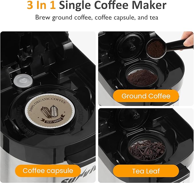 SUNVIVI Iced & Hot Coffee Maker: Single Serve Coffee Maker with 3 Brewing Options for K Pod, Ground Coffee & Tea, Removable Water Reservoir & Reusable Filter, Ideal for Home & Office, Black