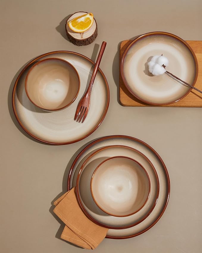 Pokini 24 Piece Dinnerware Sets for 8, Modern Stoneware Plates and Bowls Sets, Perfect for Family Gatherings & Holiday Celebrations, Easy Cleaning Dish Set, Stack Compactly Dinner Set, Brown Yellow