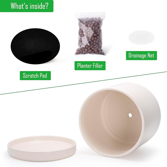 D'vine Dev 16 Inch Ceramic Planter Pot, Oatmeal, 94-O-H-8 | Modern Cylinder Design, Drainage Hole & Saucer Included, Stable Structure, Elegant Home Accent