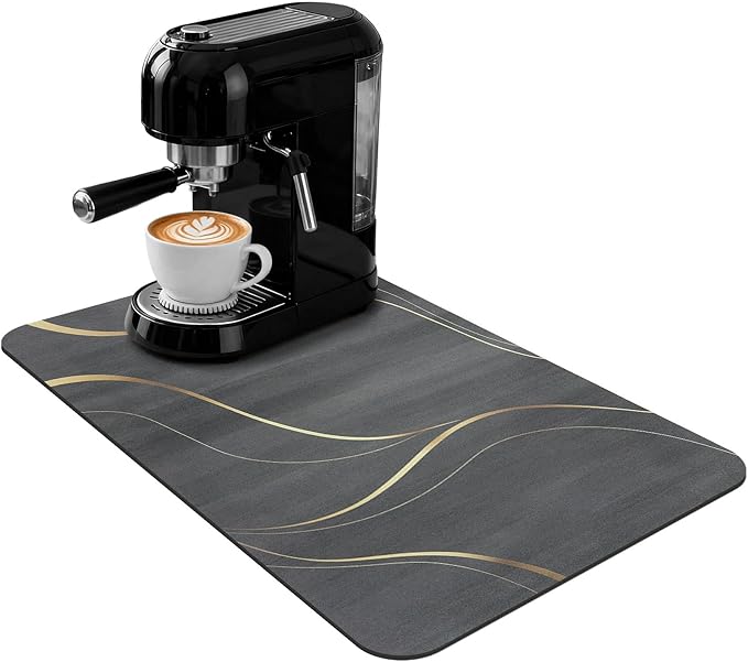 Coffee Mat 19x12 Inch, Irregular Black Streamline Coffee Pot Mat, Absorbent Hide Stain Rubber Backed Dish Drying Mat for Kitchen Counter, Bar Mat for Countertops,Under Coffee Machine Espresso Staion