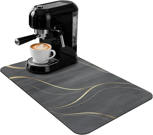 Coffee Mat 19x12 Inch, Irregular Black Streamline Coffee Pot Mat, Absorbent Hide Stain Rubber Backed Dish Drying Mat for Kitchen Counter, Bar Mat for Countertops,Under Coffee Machine Espresso Staion