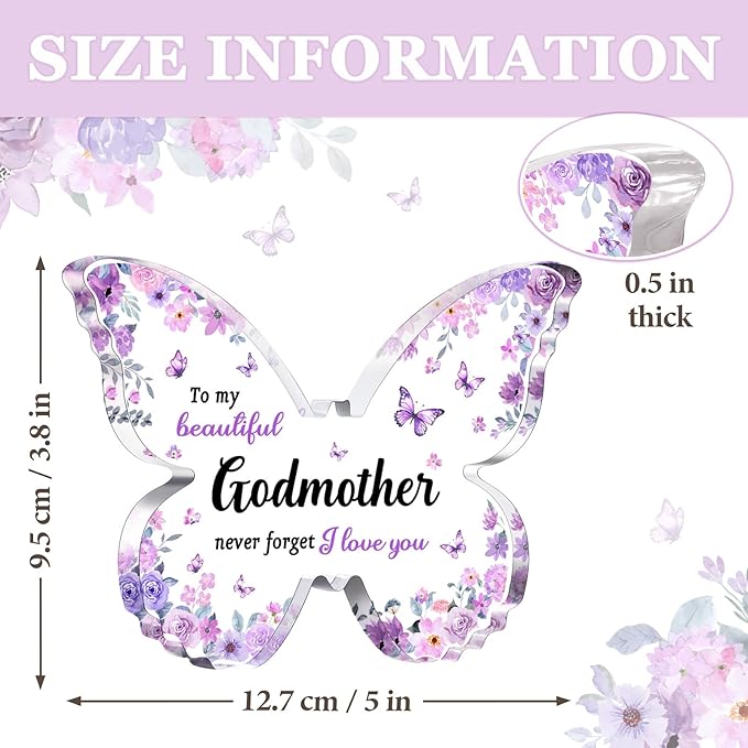Godmother Gifts, Unique Purple Butterfly Acrylic Plaque Desk Decor, Mothers Day Christmas Birthday Gift for God Mother God Mom, Godmother Proposal Gifts - 5 x 3.8 x 0.5 inches