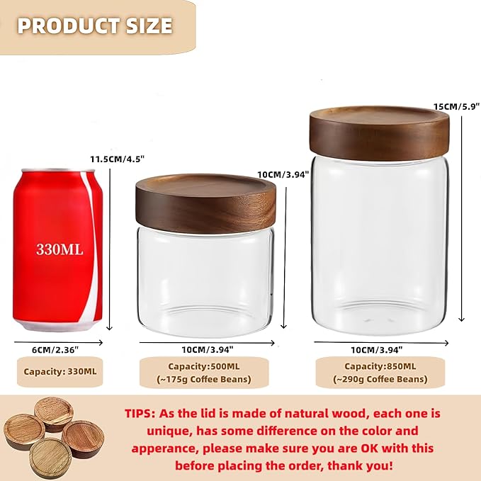 Set of 2 Glass Food Storage Jars, Premium Clear Glass Container Jar with Airtight Wooden Screw-on Lid, Kitchen Canisters for Coffee,Tea,Pasta,Cookies, Nuts,Spice,Candy,Overnight Oatmeal