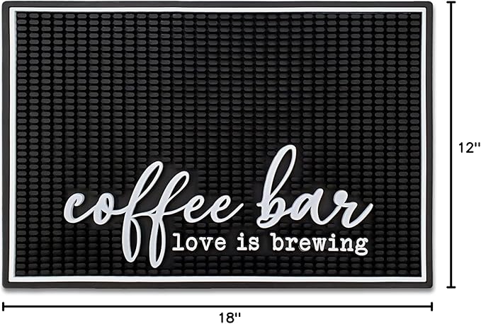 New Mungo Coffee Bar Mat – “Love Is Brewing” – Spill-Proof PVC Coffee Station Mat, Non-Slip Countertop Protector 18"x12"