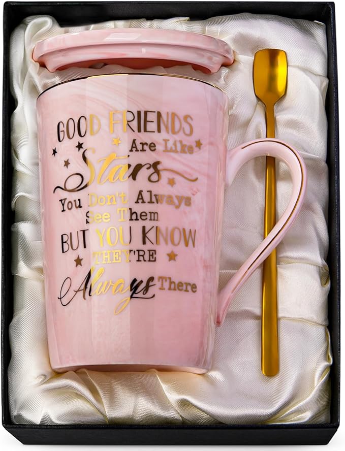 Best Friend Birthday Gifts for Women, Valentines Friendship Gifts for Women - Good Friends are Like Stars - Funny 14Oz Pink Ceramic Gold Print Mug, Presents for BFF, Sisters, Besties, Nice Gift Boxed