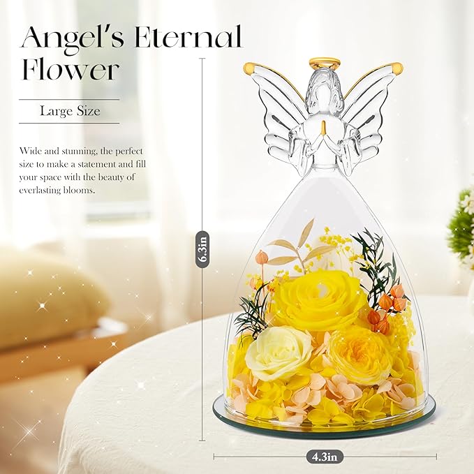 Mothers Day Roses Gifts for Mom Forever Preserved Real Roses Flowers in Glass Angel Figurines Fresh Flowers for Delivery for Grandma Women Mom Wife from Daughter/Yellow