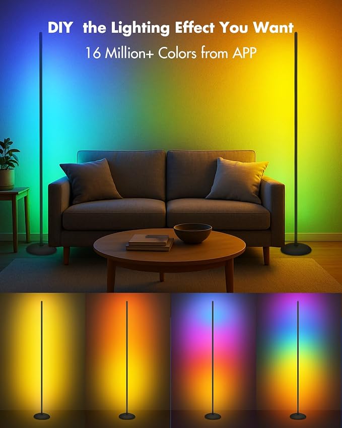 LED Corner Floor Lamp, RGB LED Corner Lamp with App & Remote, Smart Floor Lamp with 16 Million Colors, Music Sync, Scene Modes, Color Changing Standing Lamps for Living Room, Bedroom