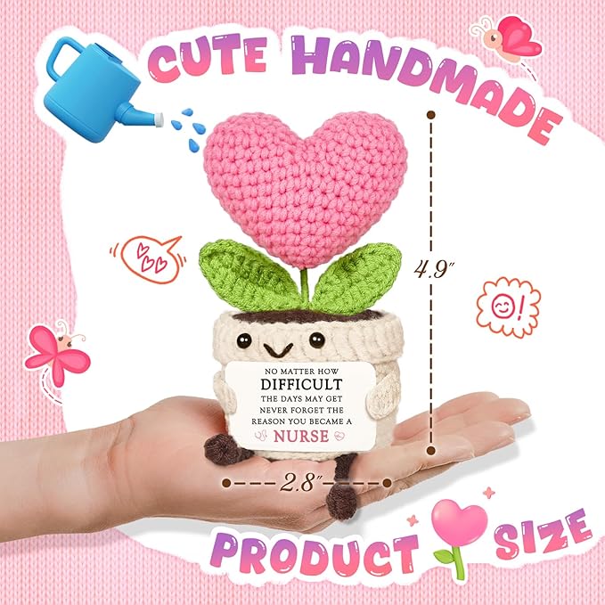 Nurse Gifts - Mini Handmade Crochet Pink Heart Flower, Nurse Essentials, Positive Support Graduation Gifts, Nurses Week Presents for Women