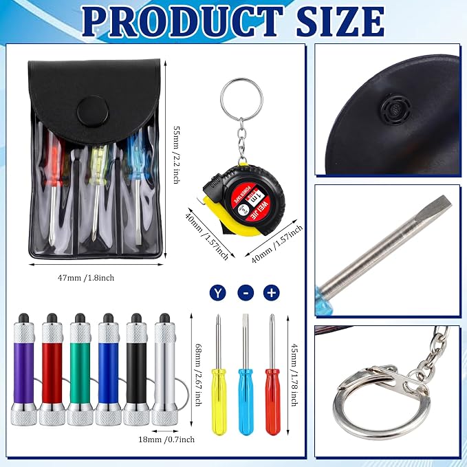 Jutom 36 Pcs Mini Tape Measure Keychain Screwdriver LED Light Keychain Bulk Men Adult Tool Party Gifts Prize for Man Father's Day Housewarming Gifts Adult Useful Tool Favors (Colorful)