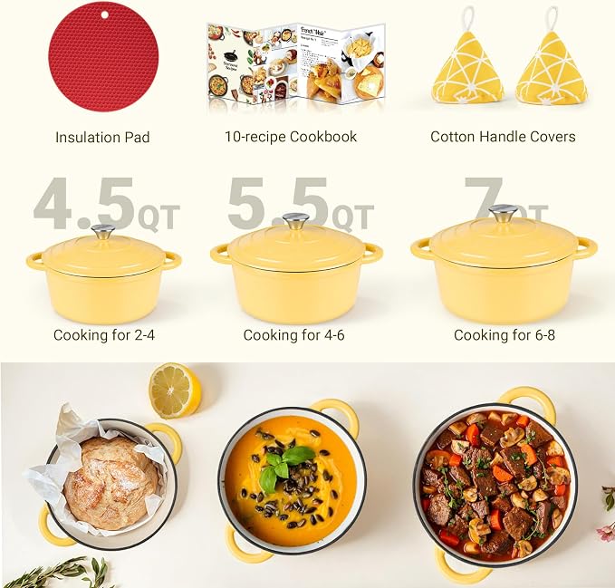 Overmont Enameled Cast Iron Dutch Oven - 7QT Pot with Lid Cookbook & Cotton Potholders - Heavy-Duty Cookware for Braising, Stews, Roasting, Bread Baking GooseYellow