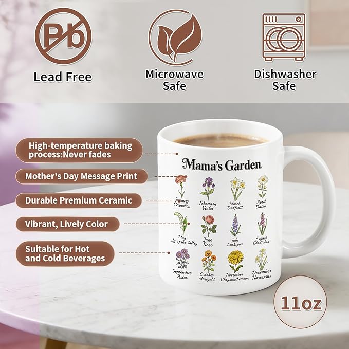 MAVIT Mothers Day Gifts for Mom- Large Coffee Mugs Ceramic 12oz Tea Cup New Mom Gifts from Son Daughter, Mama‘s Garden Best Mom Ever Gifts for Mother's Day Birthday