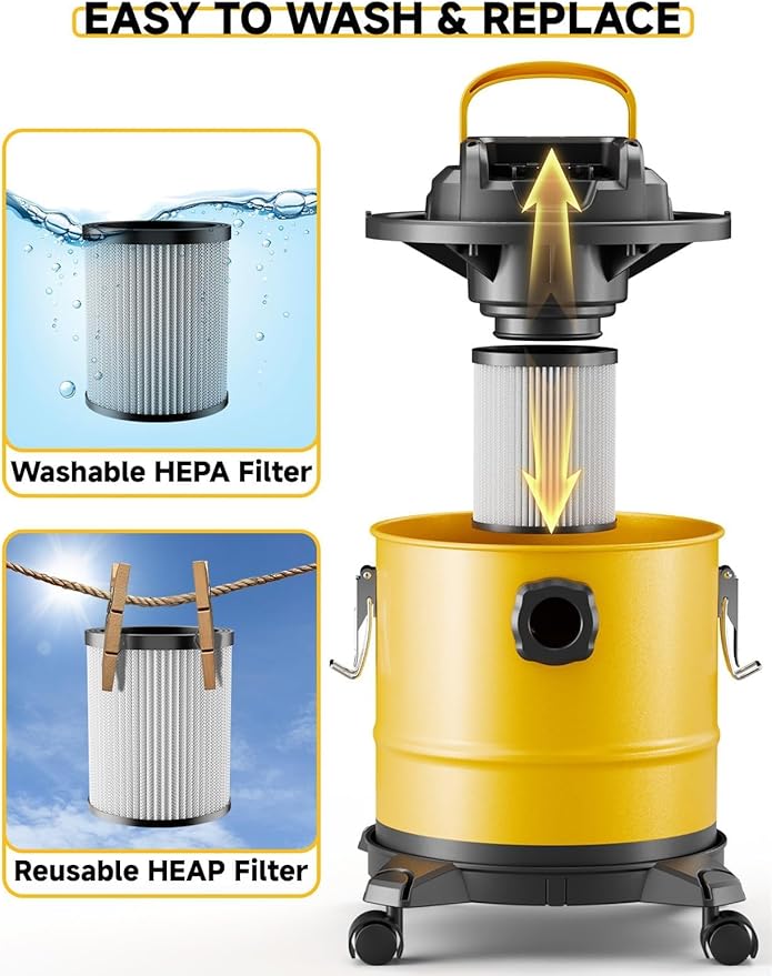 Cordless Ash Vacuum for Pellet Stoves, for DEWALT 20V Max Battery, Pellet Stove Vacuum Cleaner with 2 HEPA Filters, Powerful Suction, 4 Gallons & 4 Wheels, 38" Hose for Wood Fireplaces, BBQ Grills