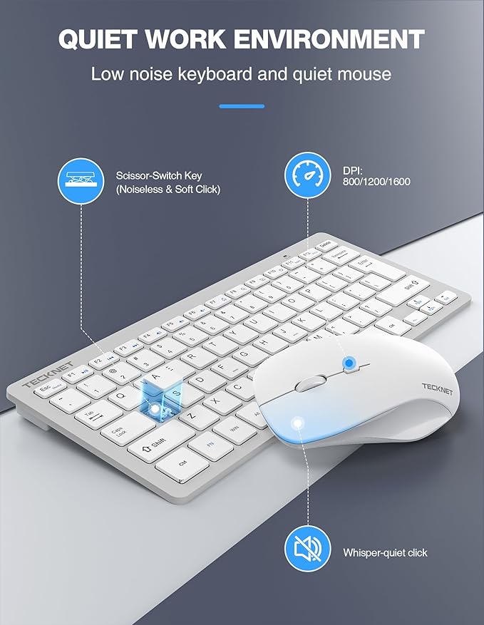 TECKNET Wireless Keyboard and Mouse Combo, Mini Cordless Computer Keyboard and Mouse Set 2.4GHz, Silent Adjustable 1600 DPI, Quiet Click, Lag-Free for Computer, Laptop, PC, Windows, Mac, Chrome OS(SS)