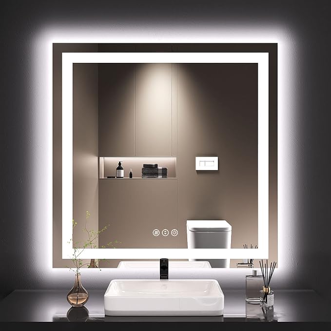 LOAAO 36"X36" LED Bathroom Mirror with Lights, Anti-Fog, Dimmable, Backlit + Front Lit, Lighted Bathroom Vanity Mirror for Wall, Memory Function, Tempered Glass, ETL Listed