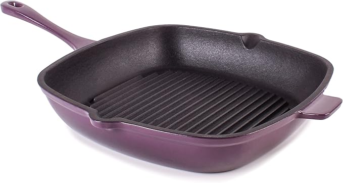 BergHOFF Grill Pan 11 inches, Fry Pan 10 inches, 3qt. Dutch Oven, Matching Lid, Fast, Evenly Heat, Oven Safe, Neo 4Pc Enameled Cast Iron Cookware Set, Purple