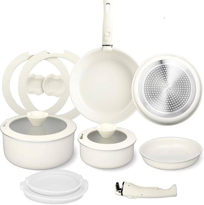FAB&DELUXE 13Pcs Nonstick Cookware Set, Aluminum Nonstick Pots and Pans with Lids & Detachable Handle, Non-toxic Healthy Kitchen Cooking Sets, PFAS and PFOA Free