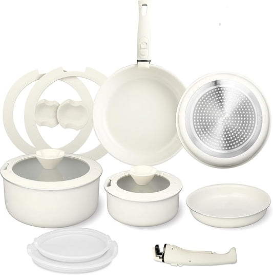 FAB&DELUXE 13Pcs Nonstick Cookware Set, Aluminum Nonstick Pots and Pans with Lids & Detachable Handle, Non-toxic Healthy Kitchen Cooking Sets, PFAS and PFOA Free