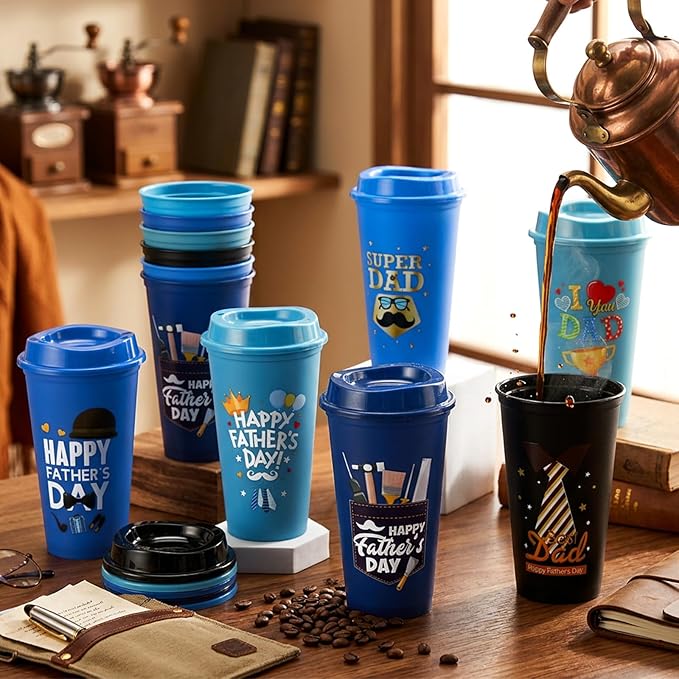 Domensi 12 Pack Fathers Day Cups Bulk 16 oz Father's Day Coffee Cups with Lids, Reuable PP Drinks Tumbler Happy Fathers Travel Mugs for Dad, Office, Camping, BBQ Party Supplies Gifts for Men