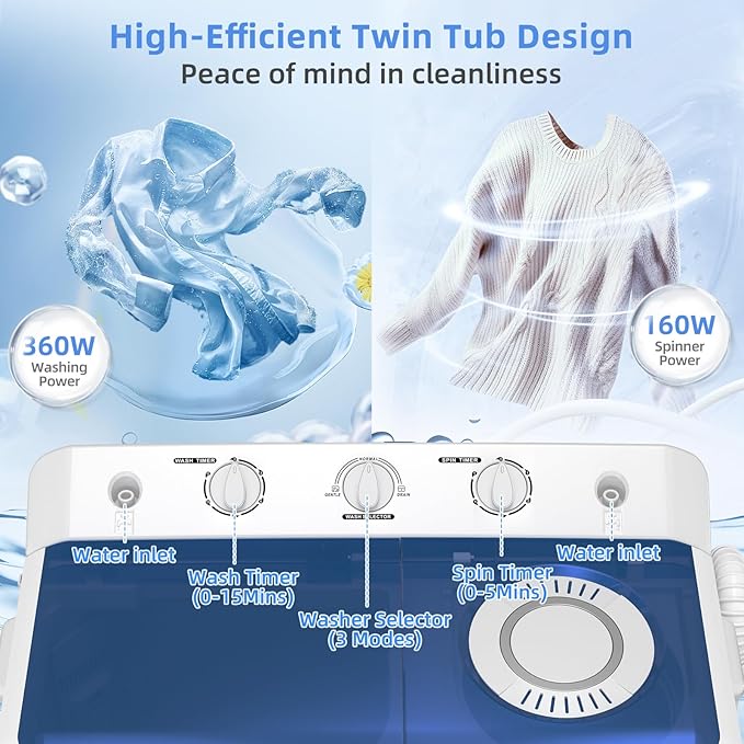 VCJ Portable Washing Machine, Twin Tub Washing Machine Laundry Compact Washer spinner Combo with 28lbs capacity, 18Lbs Washer and 10Lbs Spinner dryer for Apartments RVs and Dorms