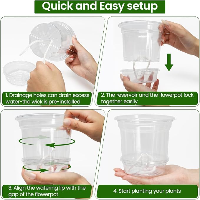 MIXC 12 Pack 5 Inch Self Watering Pots for Indoor Plants with Wicking Rope | Clear Plastic, With Drainage Holes & Deep Reservoirs, Root and Water-Level Visibility, Up to 7-Day Water Supply, Reusable