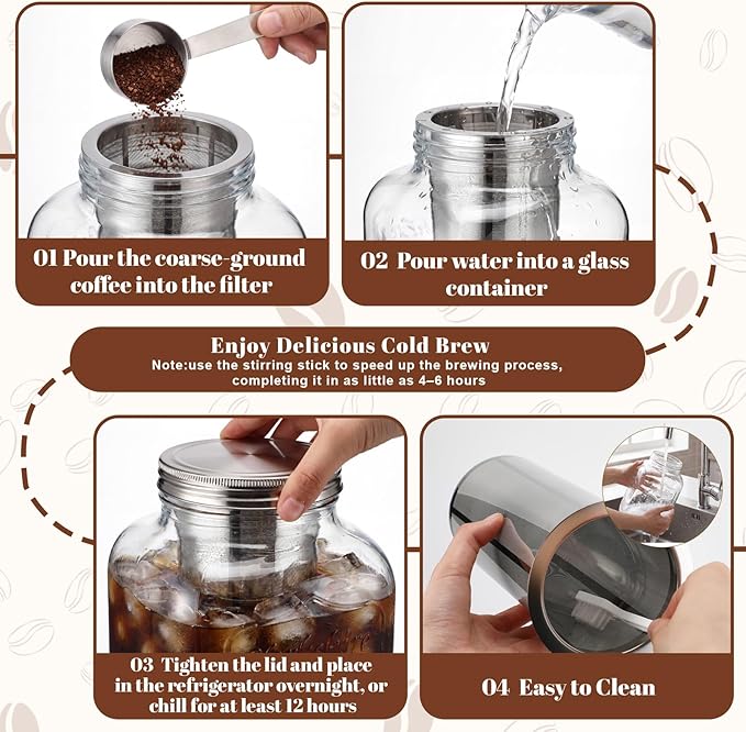 1 Gallon Cold Brew Coffee Maker with Stand, Heavy Duty Glass Iced Coffee Maker & Beverage Dispenser, Thick Iced Tea Pitcher for Fridge with 304 Stainless Steel Filter, Spigot & Lid