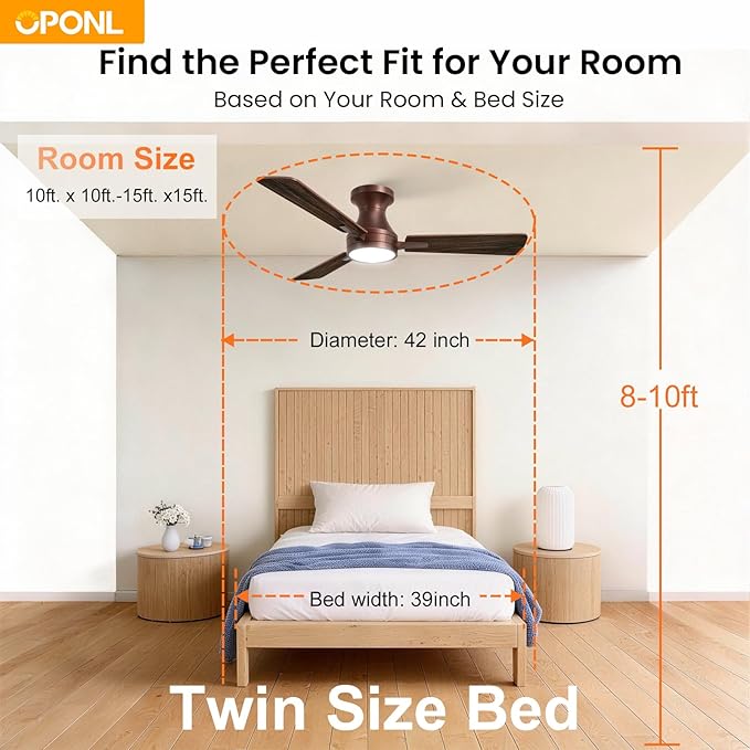 OPONL 42 Inch Brown Ceiling Fan with Light, Remote Control, Noiseless, Reversible, 6CCT, Dimmable, Timeable, Metal Housing, Flush Mount Ceiling Fans with Lights for Bedroom, Indoor/Outdoor Use