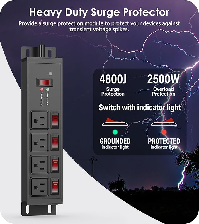 CCCEI Heavy Duty Surge Protector Power Strip 20 Amp Individual Switches. 12FT 12 Gauge Extension Cord with Multiple Outlets. Kitchen, Garage, Shop, Industrial Wall Mount Electric Extender, Black.