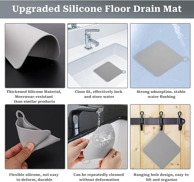 2 Pieces Silicone Tub Stopper Shower Drain Cover Floor Drain Anti-Odor Mat Shower Silica Gel Drain Plugs Bathtub Drain Cover Sewer Deodorization for Kitchen, Bathroom and Laundry(Grey)