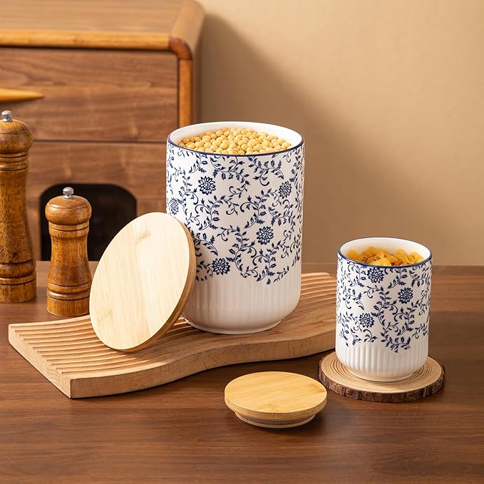 Canisters Sets for the Kitchen - 2 Pcs 74/18 oz Ceramic Kitchen Containers for Countertop with Airtight Wood Lids - Flour and Sugar Containers for Coffee Tea Spice Beans Cookie Jars - Blue