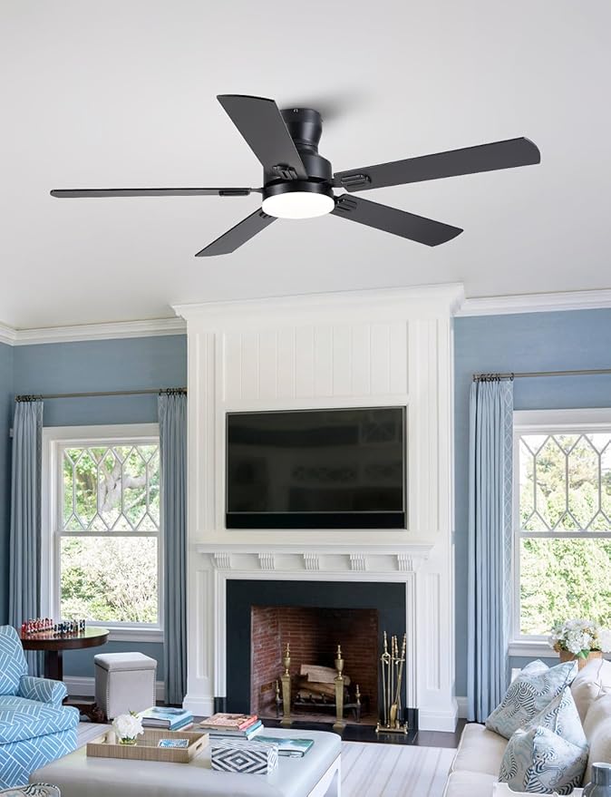 Ceiling Fans with Lights, 52" Low Profile Ceiling Fan with Light and Remote/APP Control, Modern Flush Mount Led Ceiling Fan for Indoor Bedroom Living Room, Dimmable, Qiuet DC Motor, Black