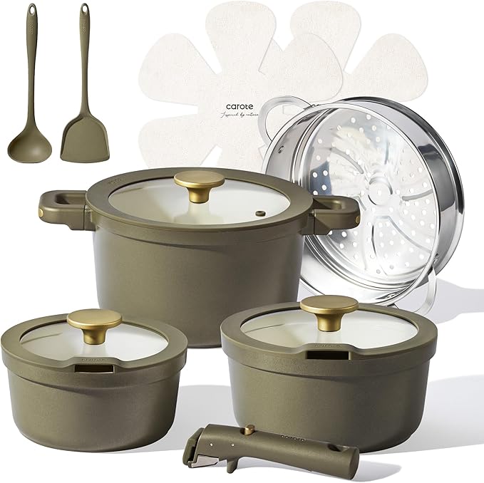 CAROTE Ceramic Saucepan Set 5.5QT/3QT/2QT，Nonstick Cooking Pots Set with Detachable Handles，Non-toxic Stock Pots with Lid，Induction Comptable，PFAS and PFOA Free，Olive Green
