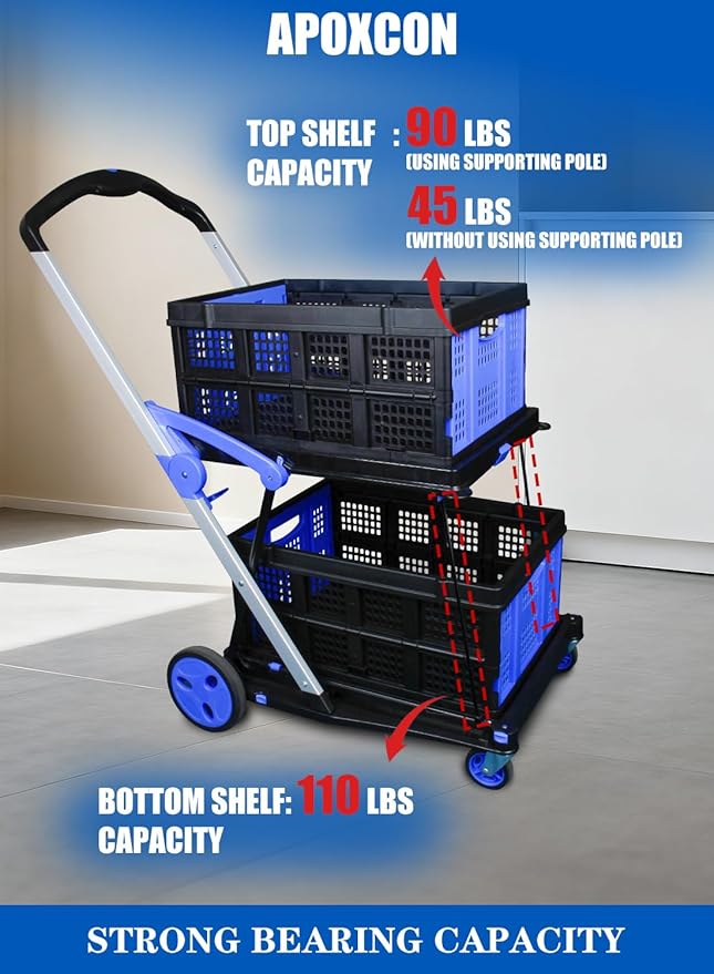 APOXCON Shopping Cart with 2 Storage Crates, Multi Use Two Tier Collapsible Cart with 360° Rolling Swivel Wheels Heavy Duty Folding Trolley for Shopping, Picnic and Office