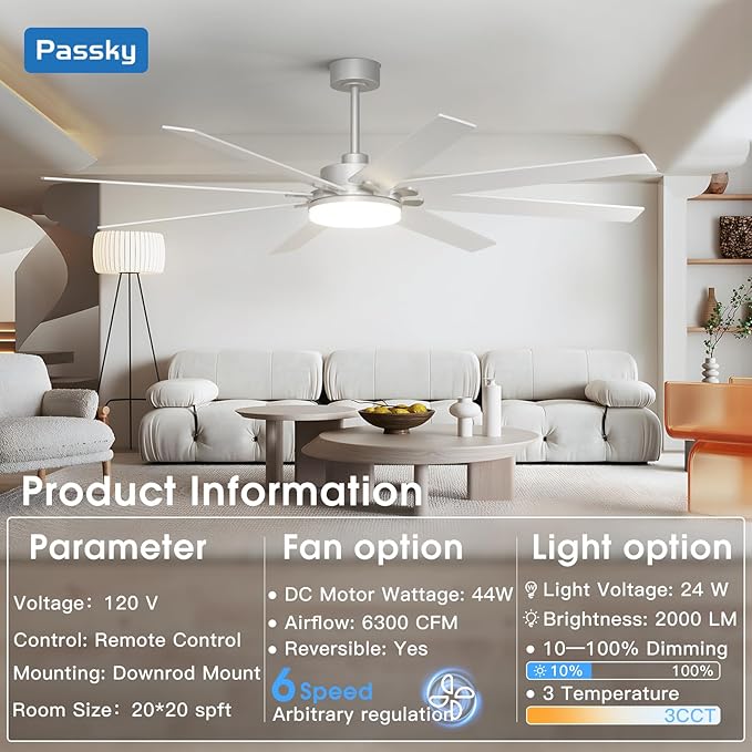 72 inch Ceiling Fans with Lights, Large Modern Ceiling Fan with Light and Remote Control, Reversible, Dimmable, 3CCT, Quiet, Nickel Ceiling fan For Bedroom Living Room Patio Farmhouse, Indoor/Outdoor