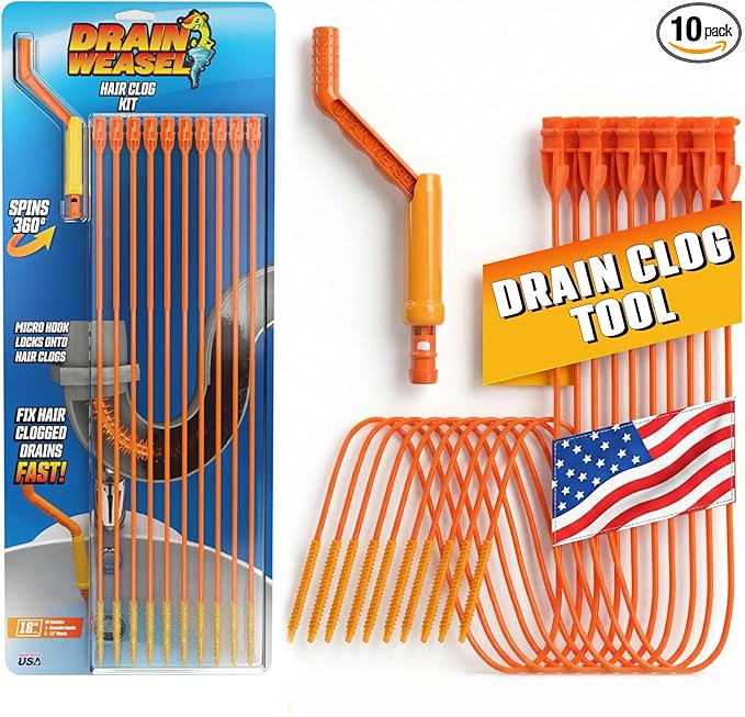 FlexiSnake Drain Weasel Sink Snake Hair Clog Remover Tool, Sink, Pipe, Bathroom, Bathtub Drain Cleaner, 18-inch Long, Flexible, Made in The USA, 10 Pack Wand Refills and Removable Handle