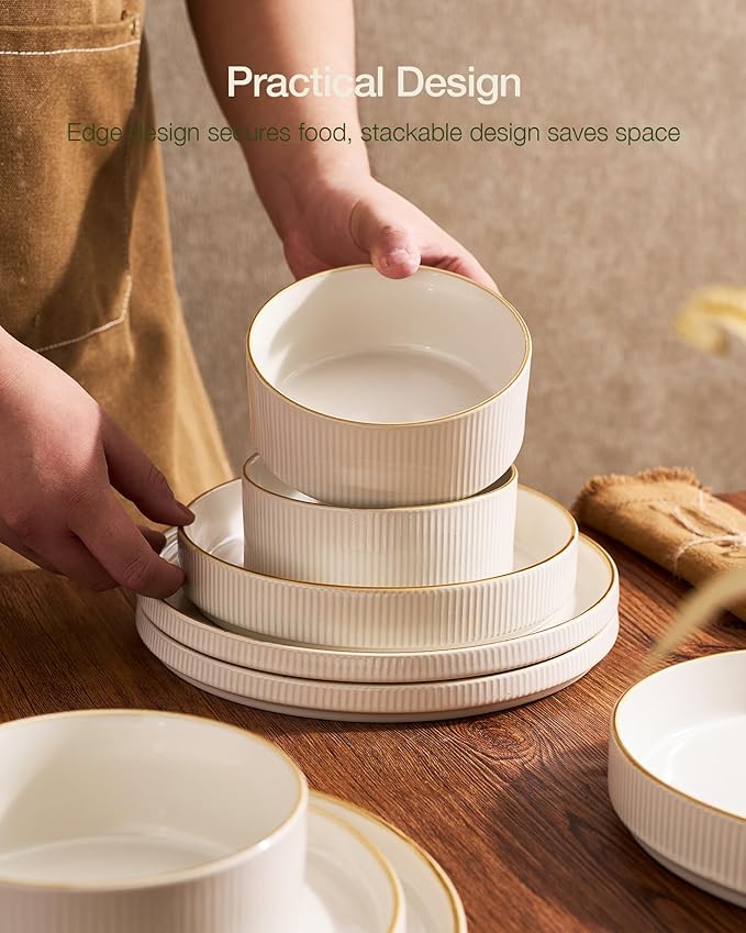 Famiware Star 24-Piece Stoneware Dinnerware Set with Trim, Service for 6 - Shallow Pasta Bowls & Flat Plates, Dishes for Everyday & Formal Use, Chip/Scratch Resistant, Microwave/Dishwasher Safe, White