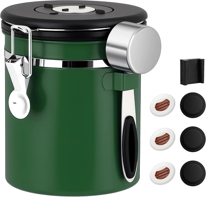 ShanSon Coffee Canister Airtight Coffee Container Stainless Steel Coffee Bean Storage Container with Scoop Coffee Canister for Beans Grounds Sugar Flour Tea Cereal,16OZ, Dark Green