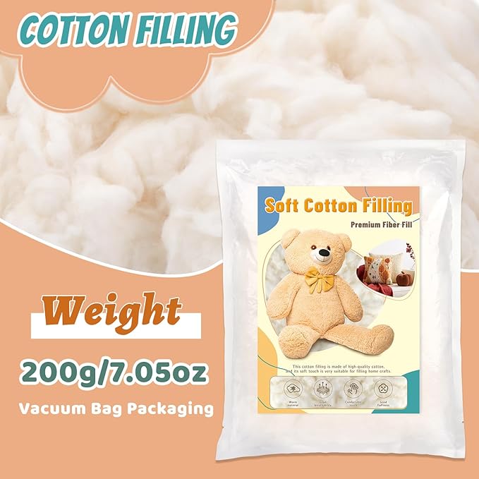 ZXIIXZ 200g/0.44lb Cotton Filling, (7oz-4.4 lb) Natural Cotton Stuffing for Stuffed Crochet Animals, Soft Premium Fiber Fill Cotton Batting for Pillow Stuffing, Cushions, DIY Stuffing Home Crafts