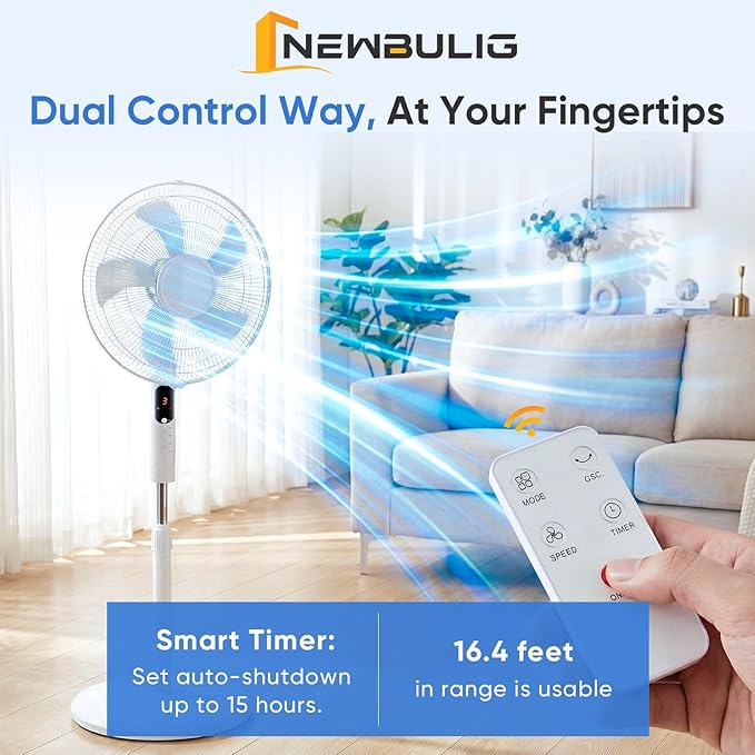 NEWBULIG 17" Pedestal Fans with Remote, Oscillating Standing Fan with 3 Speed & 3 Model, Quiet Timer Stand Up Fan for Indoor, Bedroom, Living Room, Adjustable Height & Tilt Head, Easy Assembly