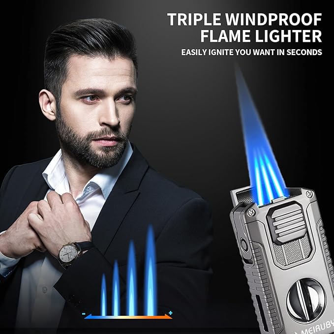 MEIRUBY 5-in-1 Butane Torch Lighter, Refillable Jet Flame Cigar Lighter with V-Cutter, Punch, Holder and Draw Tool, Multi-Functional Cigar Accessories Gift for Men, Dad, Husband, Friend & Cigar Lover