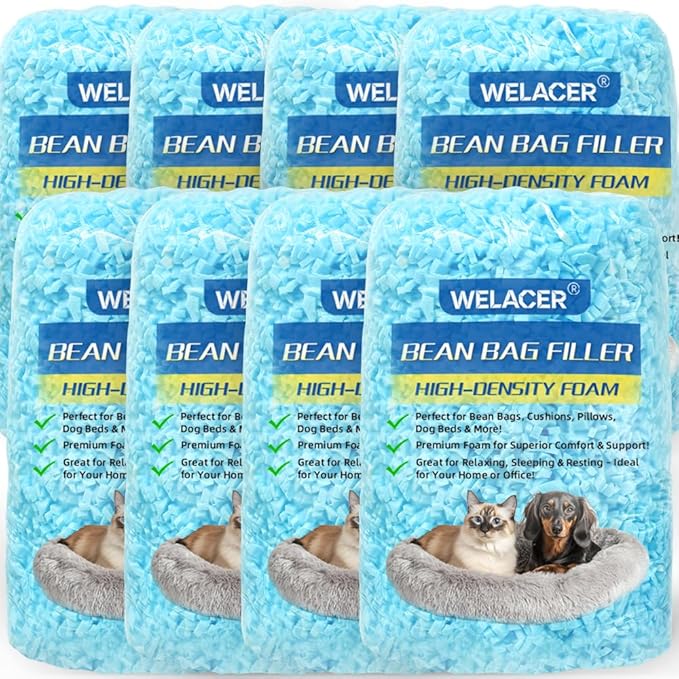 Welacer 40lbs Bean Bag Filler, Shredded Memory Foam Filling for Pillow Stuffing Cushion Arts Crafts Refill, Without Added Gel Particles, Premium Soft and Great for Stuffing (Blue and Pack of 8)