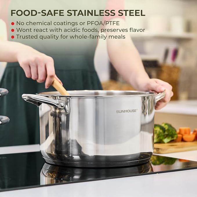 SUNHOUSE 13 Quart Stock Pot with Lid, Stainless Steel Large Pot for Cooking | 13QT Big Pots for Pasta, Soup - Stockpot for Canning, Seafood Boil with Impact Bonded Base - Oven Safe & Induction Compatible