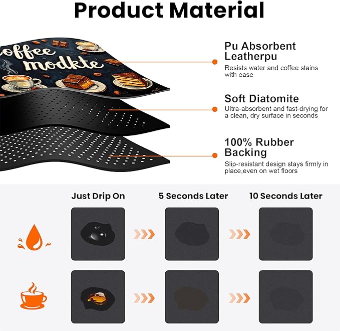 Coffee Mat 17"x32" - Extra Large Absorbent Non Slip Dish Drying Mat,Coffee Bar Accessories,Kitchen Counter Protector for Coffeemaker, Sink, Dining Decor