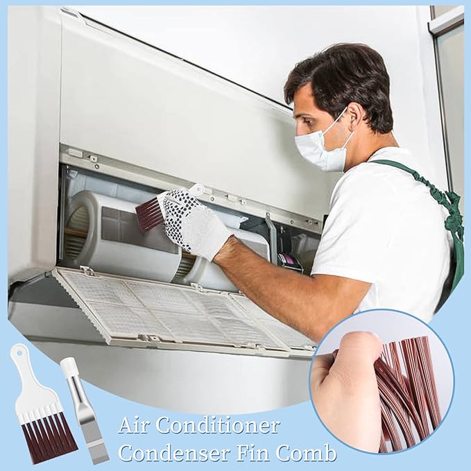 Pimoys 3 in 1 Set Air Conditioner Condenser Fin Comb, 1 Coil Cleaner Stainless Steel Fin Comb with 2 Evaporator Radiator Cleaning Whisk Brush