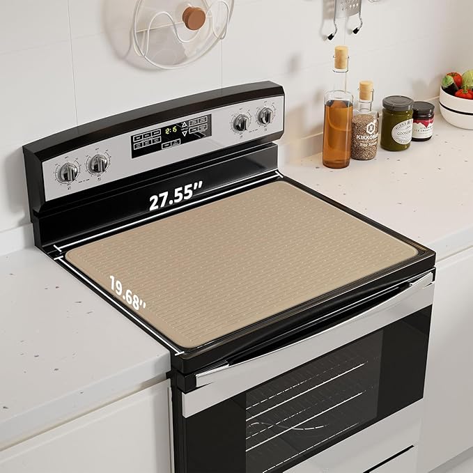 Stove Top Cover for Electric Stove - Food Grade Ceramic Stove top Cover, Silicone XXL Dish Drying Mat, Glass Cooktop Covers, Flat RV Range top Mats (Taupe Thickened,28x20)