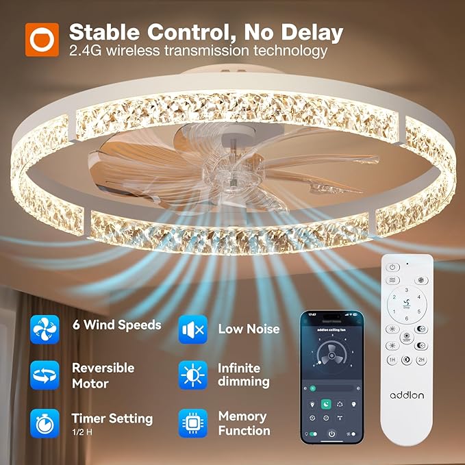 addlon Ceiling Fans with Lights and Remote, 24'' Low Profile Flush Mount Ceiling Fan, 3000–6000K Dimmable LED Fandelier, Bladeless Crystal Fan Light for Bedroom, Kitchen, Living Room, White