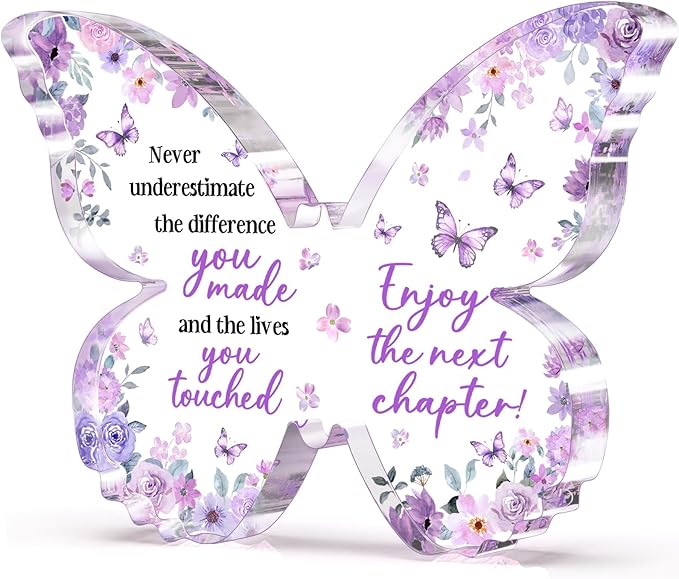 Farewell Gifts for Coworkers, 5x3.8x0.5 Inch Purple Butterfly Acrylic Plaque Decor, New Job Goodbye Going Away Leaving Retirement Graduation New Job Promotion We Will Miss You