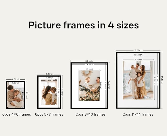 eletecpro Aluminum Gallery Wall Frame Set of 16 with Glass Cover, Black | Including 2Pcs 11x14, 2Pcs 8x10, 6Pcs 5x7, 6Pcs 4x6 Photo Frames, Multiple Sizes Picture Frames Collage Wall Decor, Tabletop