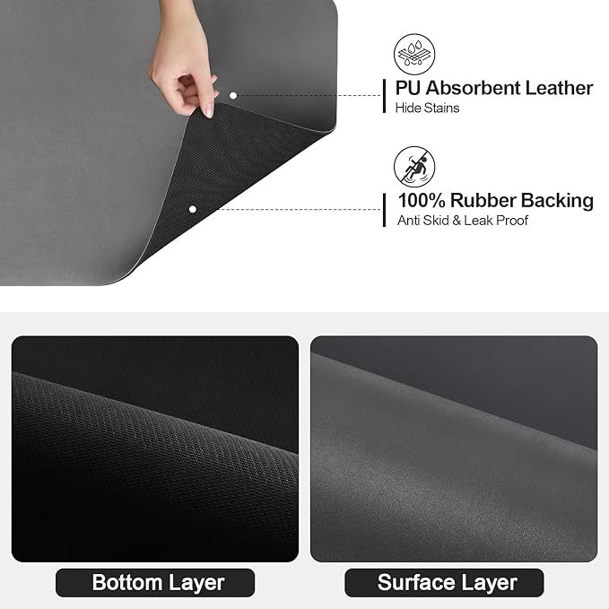 Ecotrim Absorbent Coffee Mat , Stain Hiding PU Leather Surface, Non-Slip Natural Rubber Backing, Quick Dry Mat for Espresso Machine, Kitchen Counter ,Dark Grey | 12" x 19"